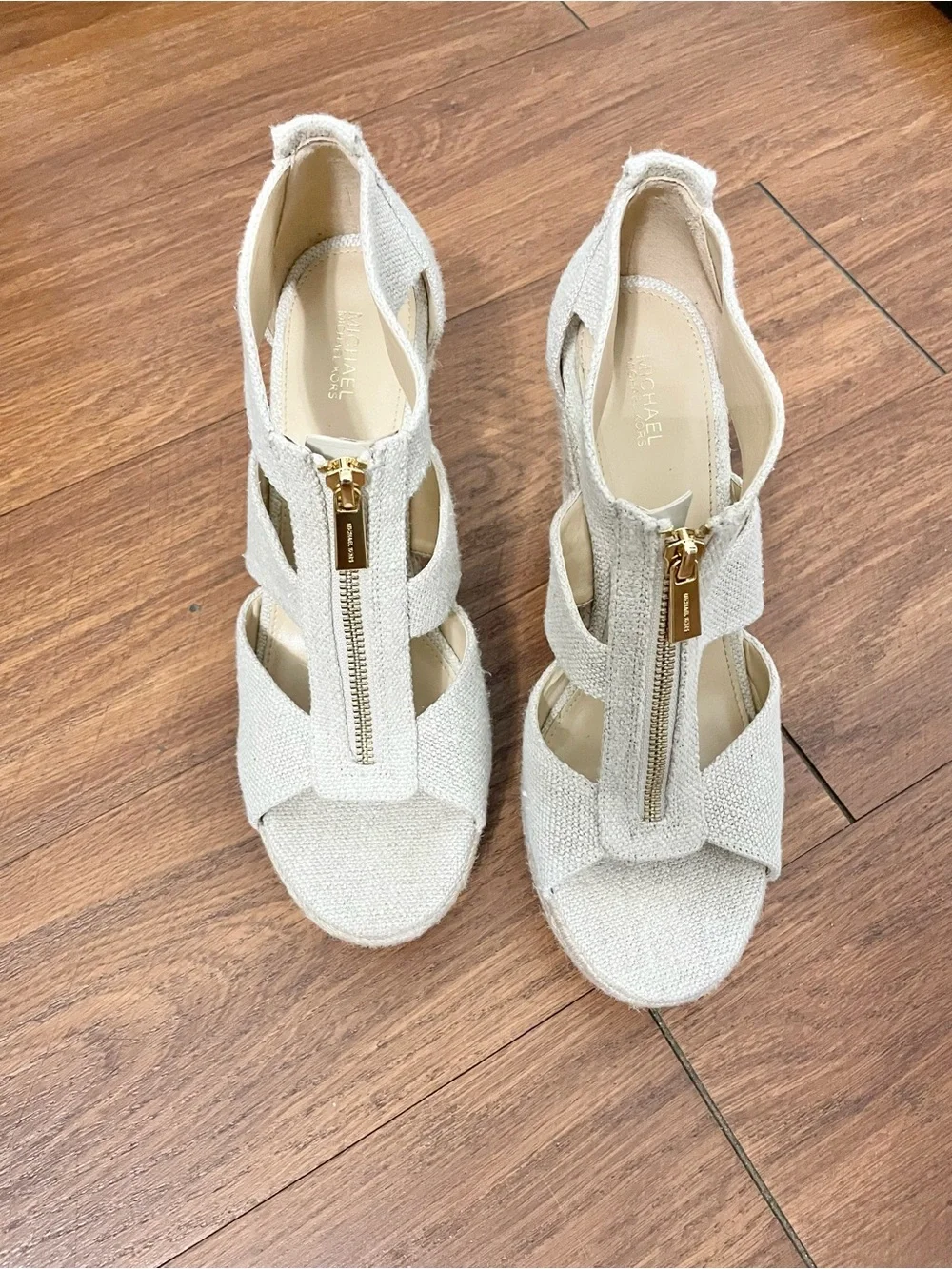 MICHAEL Michael Kors Cream Espadrille Wedge Sandals with Gold Zippers